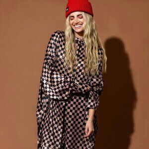 Dressed in LALA Satin Playsuit TOP ONLY Iced Coffee Checkerboard